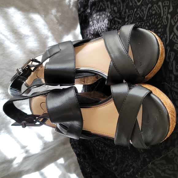 Jessica Simpson Shoes - Jessica Simpson black strap wedge basket weave heels size 7.5